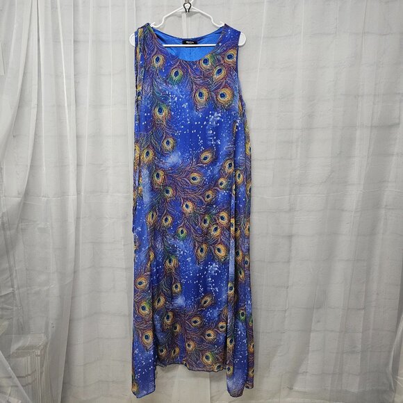 Wantdo Maxi Dress Blue Peacock Sleeveless Chiffon Shift Artsy 14 FLAW - Picture 1 of 8